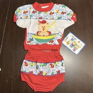 Vintage Little by Little Unisex Size 0–6 Months Bear‎ Fishing Outfit Set NWT NOS